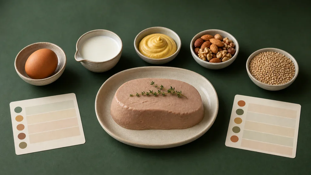 Ingredientes separados y documentación de alérgenos en una mesa profesional