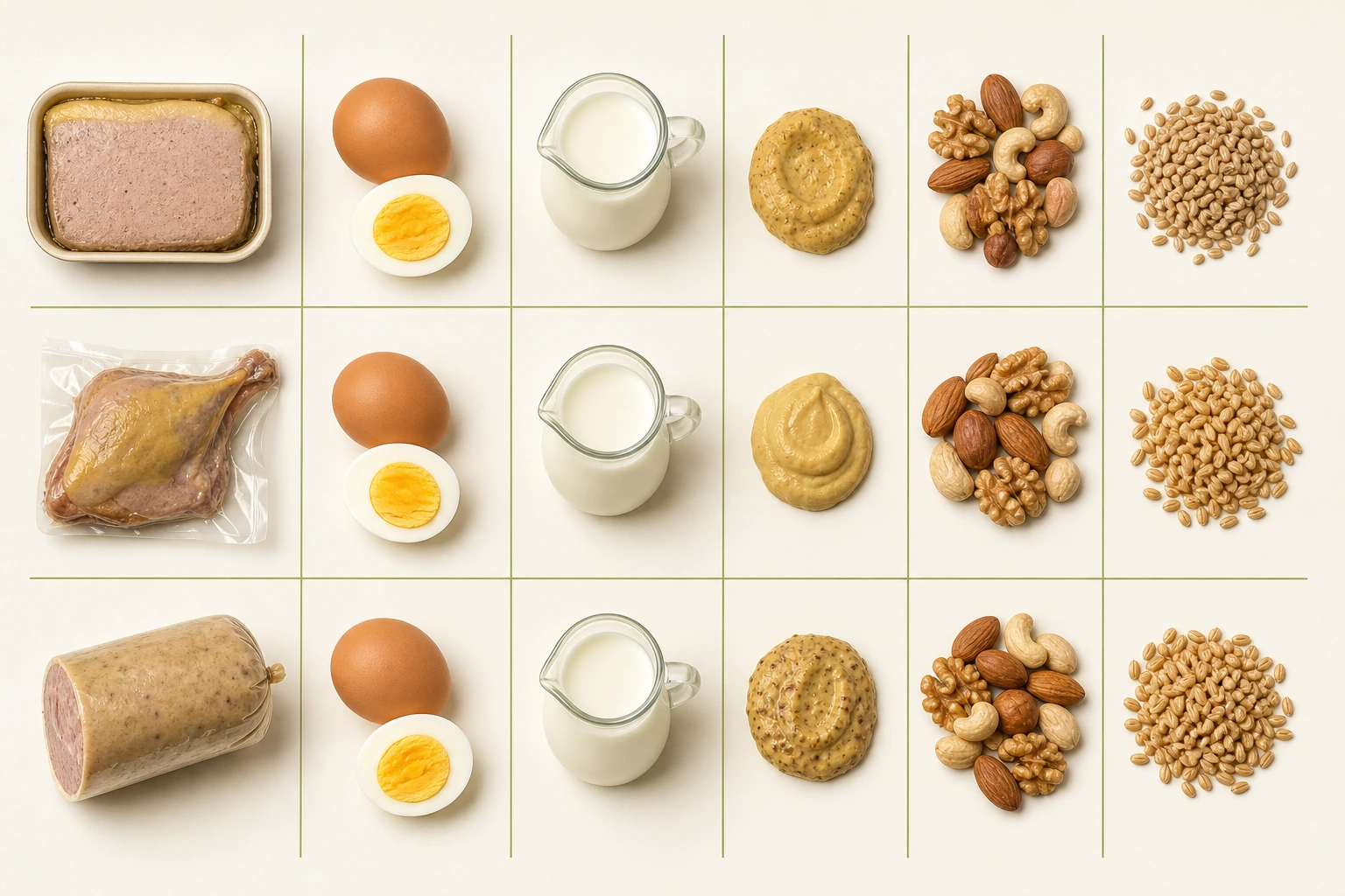 Matriz visual de ingredientes y alérgenos sin texto legible
