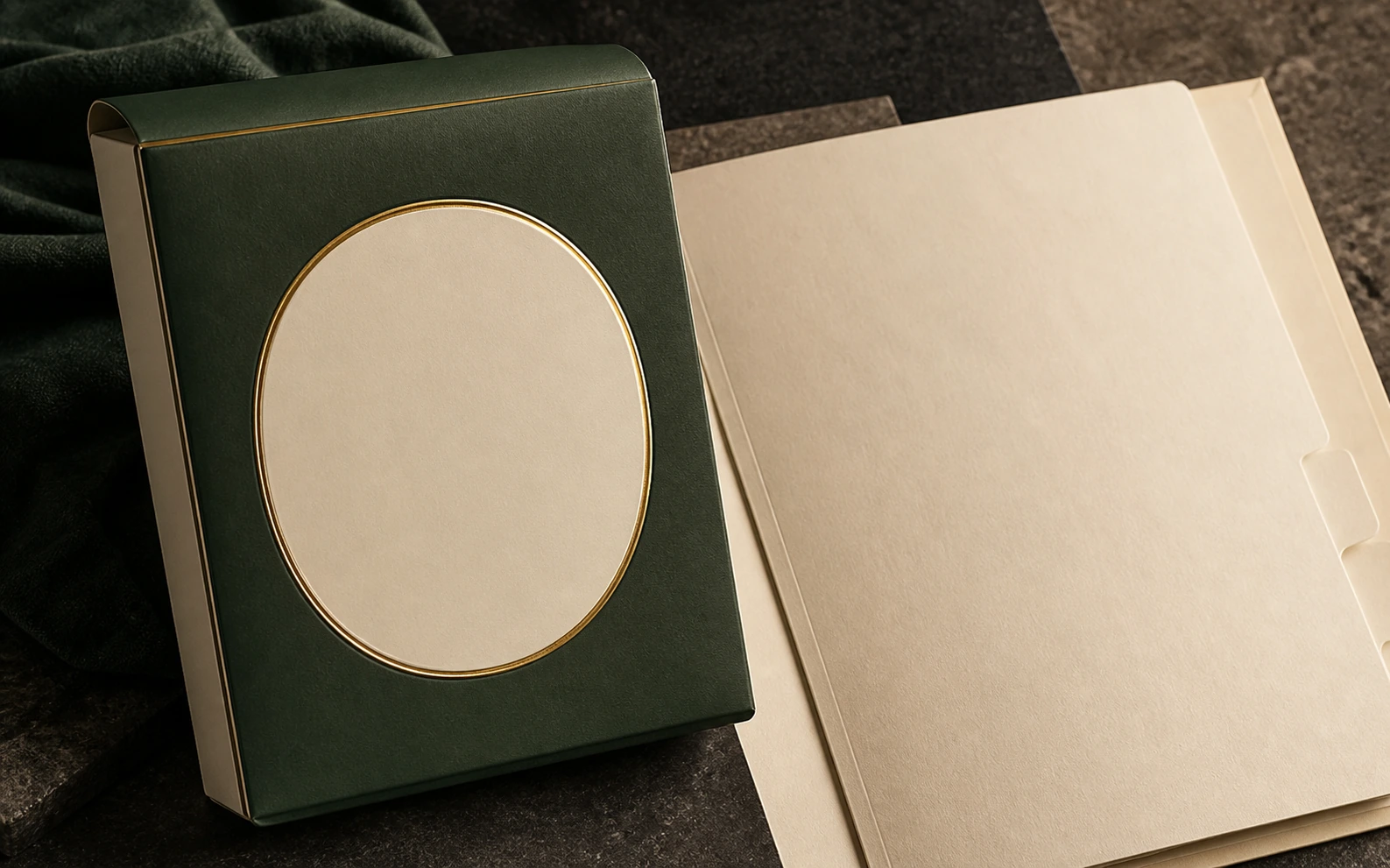 Detalle editorial de una marca oval abstracta y documentos de lote