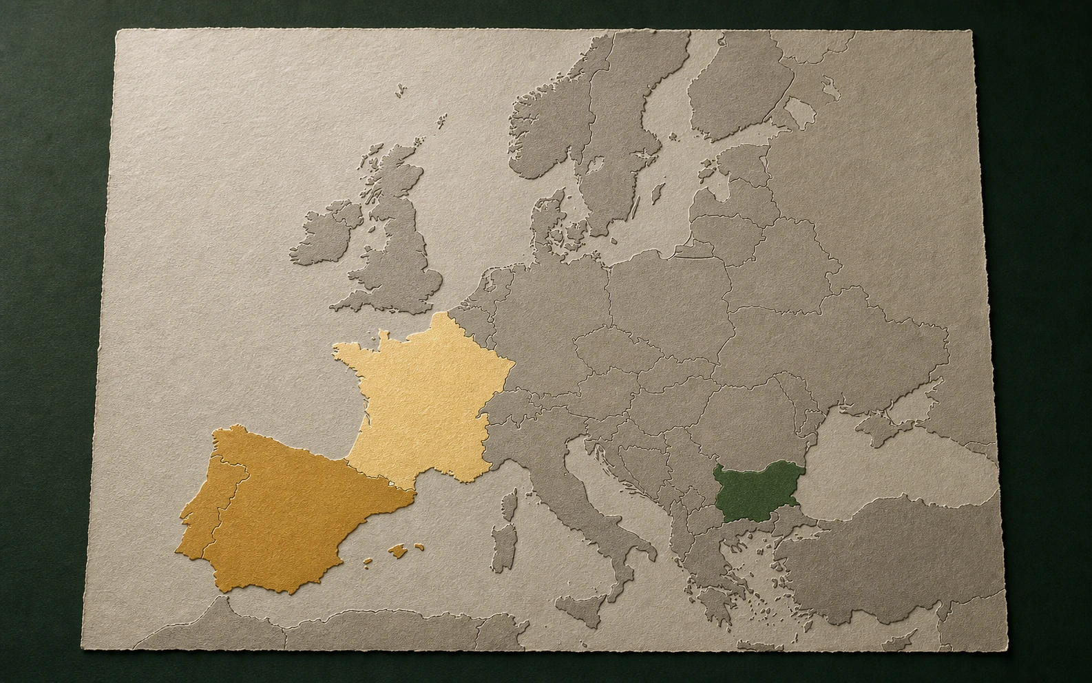 Mapa abstracto de Bulgaria, España y Francia sin rutas comerciales
