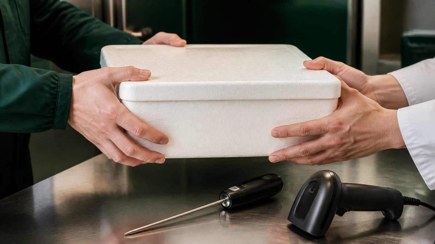 Control de recepción de cajas alimentarias refrigeradas con termómetro profesional
