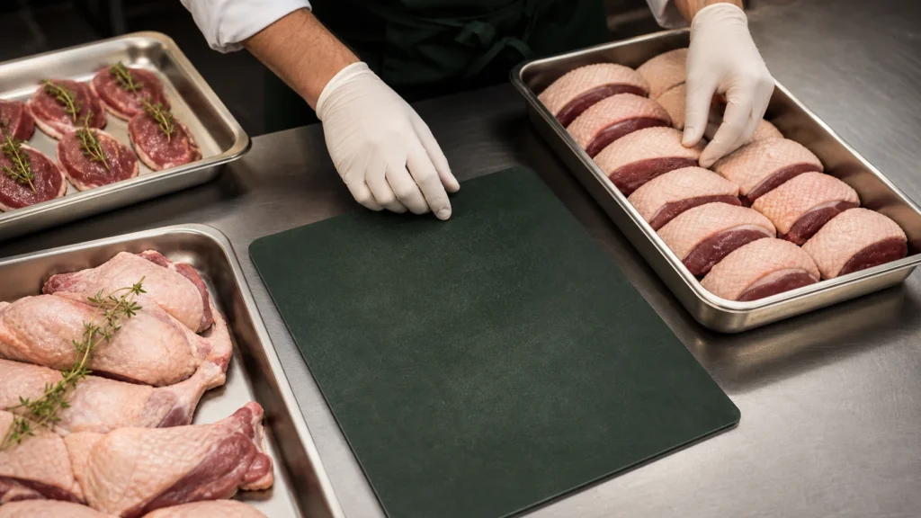 Cocina profesional organizando porciones de pato para prevenir excedentes