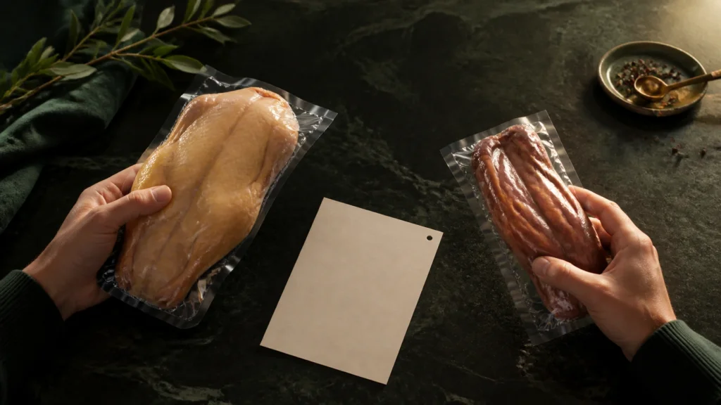 Profesional comparando dos referencias de producto de pato sobre una mesa de trabajo