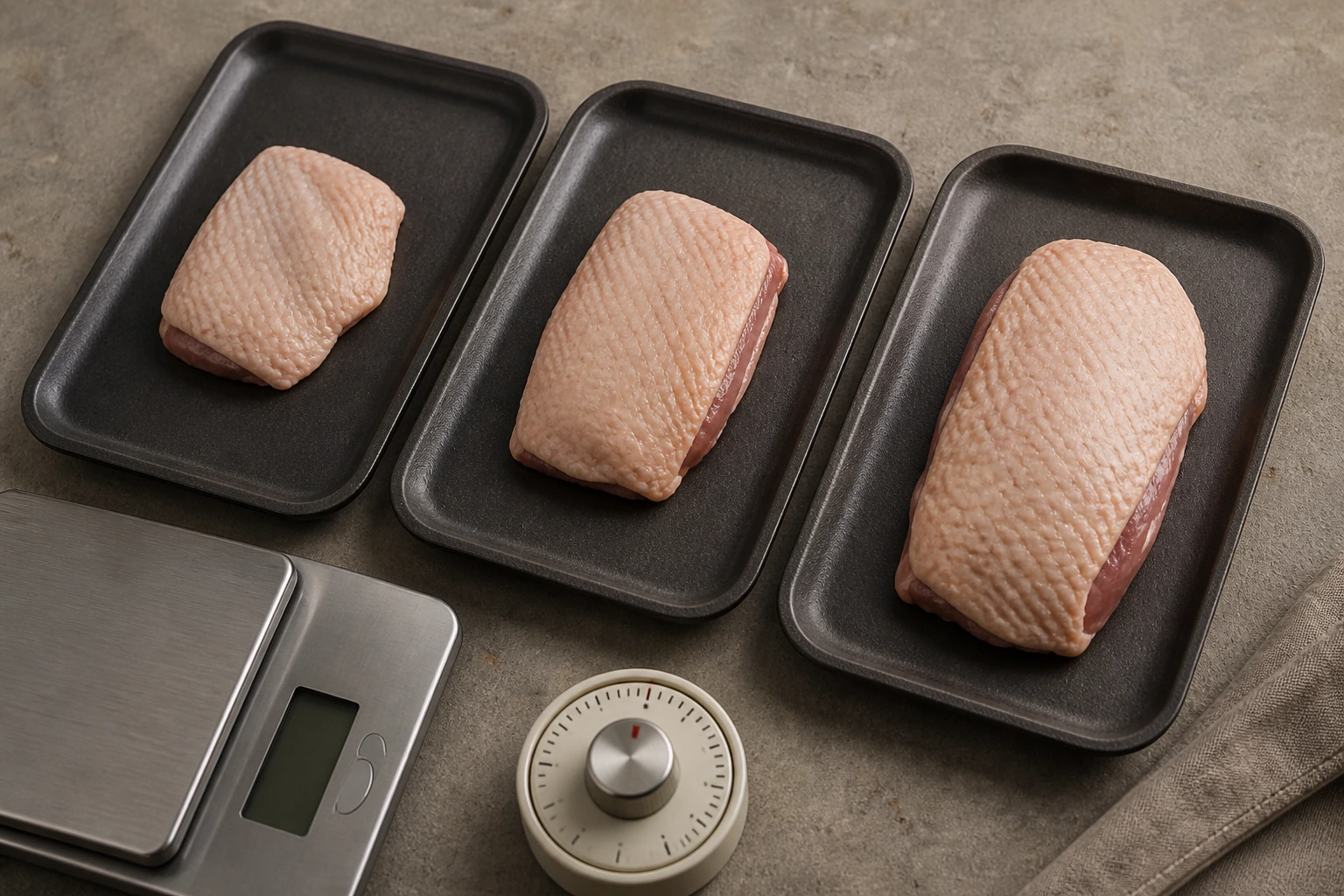 Muestras de pato porcionadas y pesadas durante una prueba de cocina