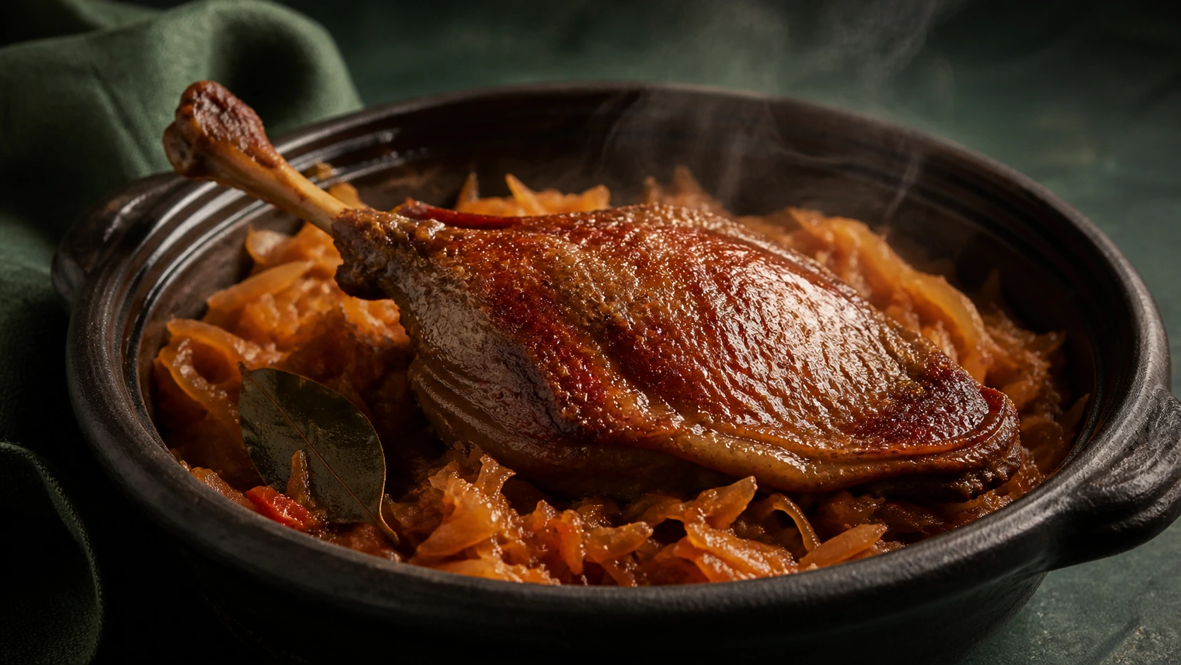 Confit de pato crujiente servido sobre col fermentada cocinada con pimentón