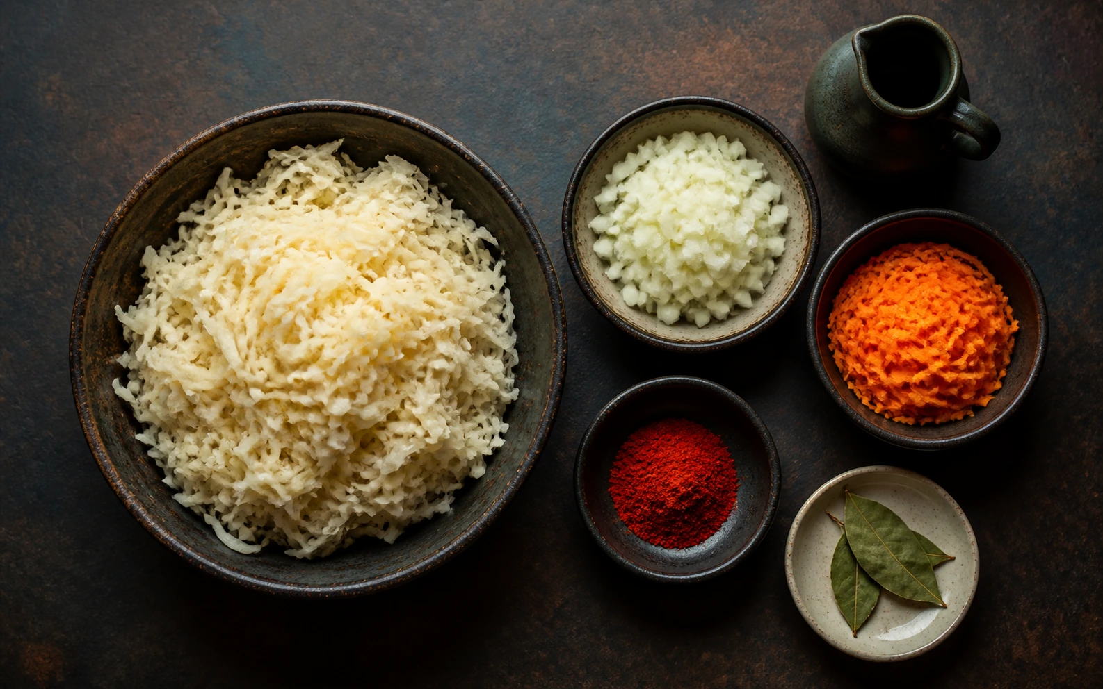Col fermentada, pimentón, verduras y fondo medidos para la receta