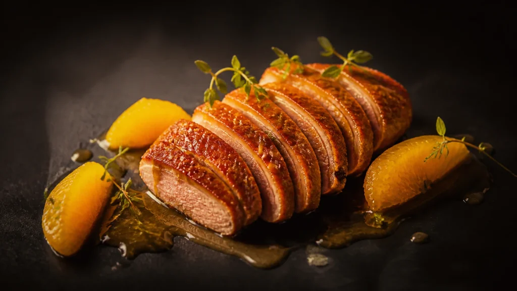 Magret de pato fileteado con salsa de naranja y una guarnición vegetal elegante