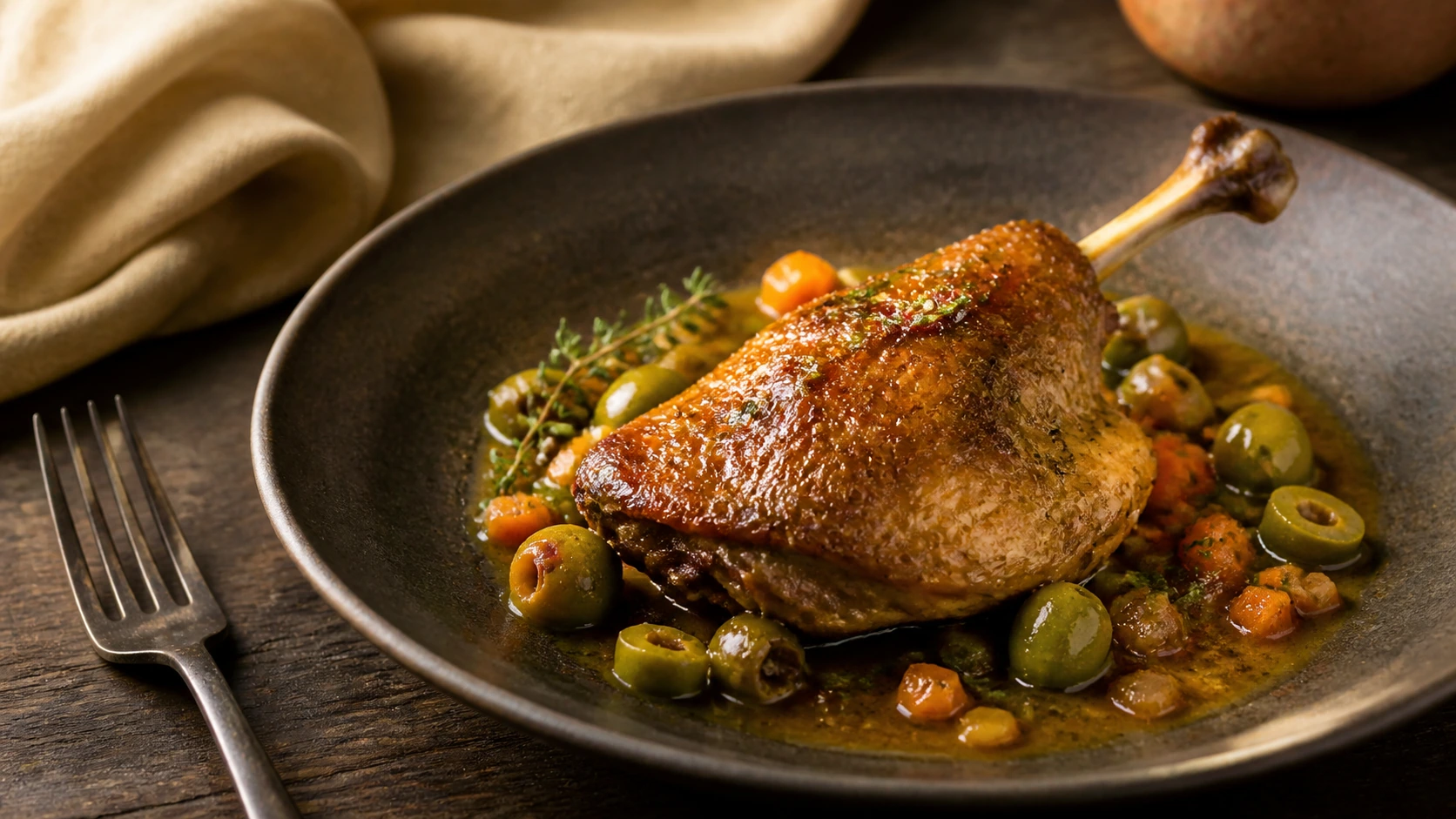 Confit de pato con salsa de verduras, aceitunas verdes y un acabado de hierbas