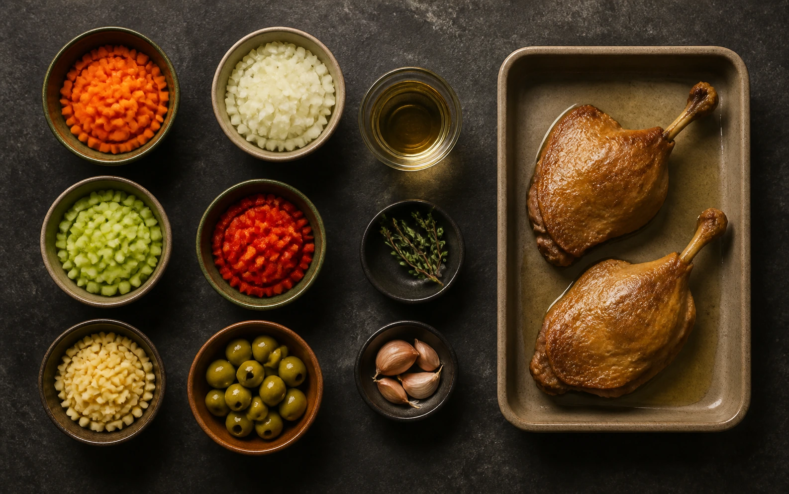 Verduras cortadas, aceitunas, Jerez medido y piezas de confit organizadas
