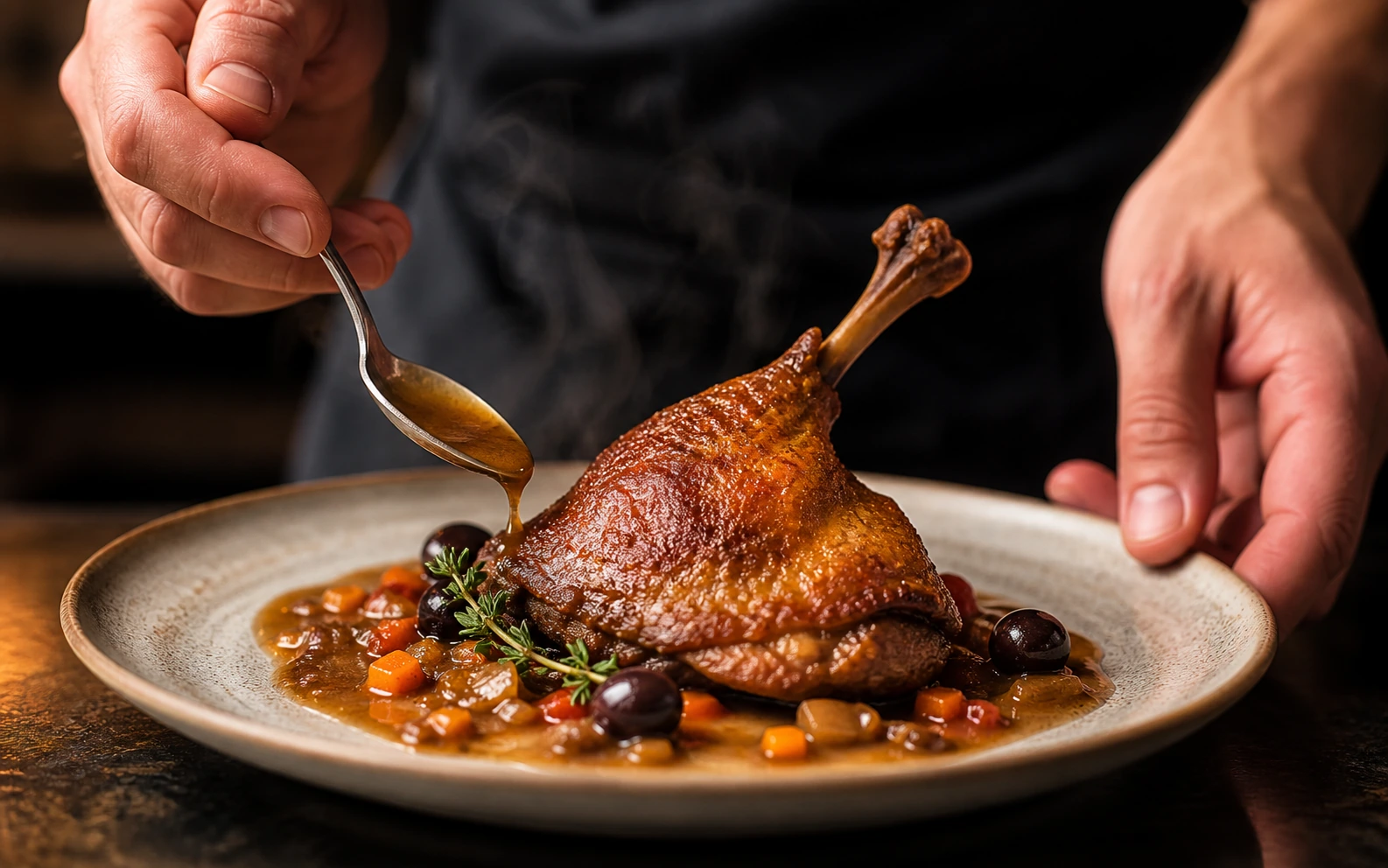 Emplatado de confit de pato con salsa de aceitunas servida alrededor