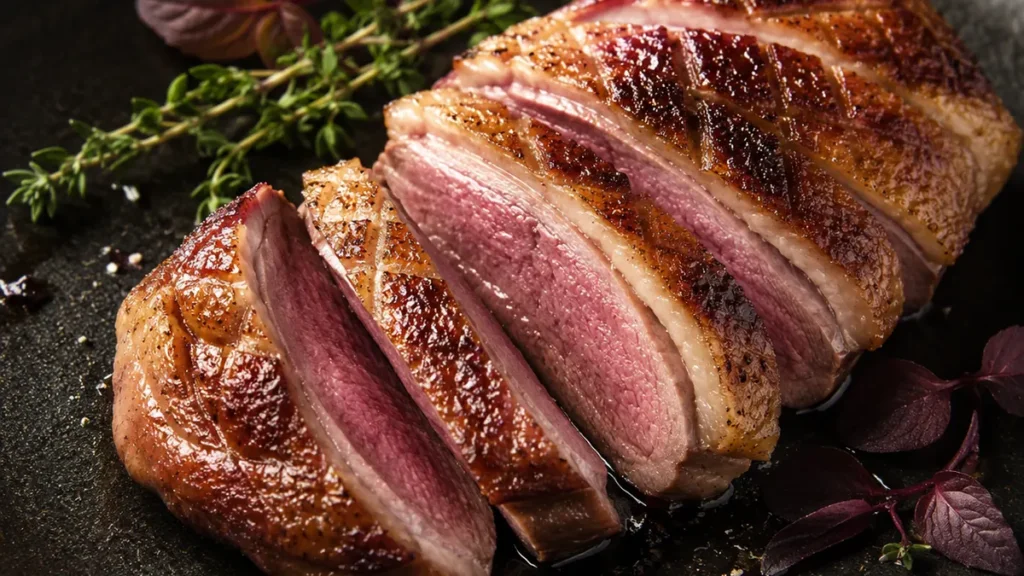 Preparación culinaria de pato en cocina profesional