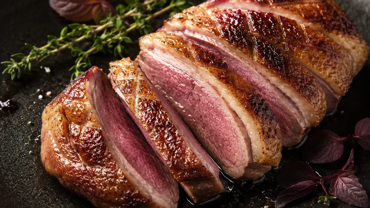 Preparación culinaria de pato en cocina profesional