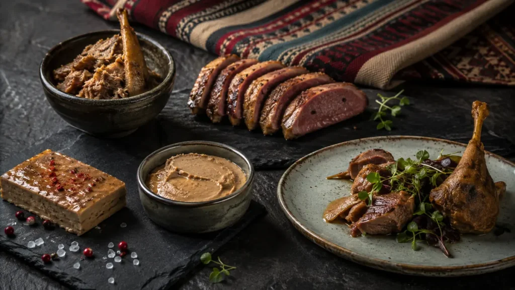 Presentación de magret, confit y foie gras de pato