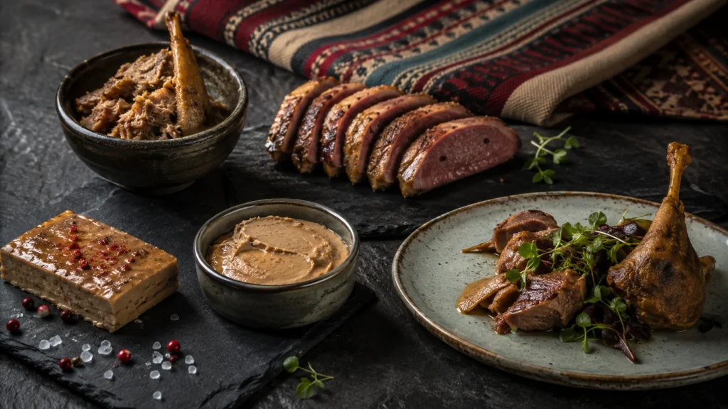 Selección de magret, confit y elaborados de pato en una presentación gastronómica