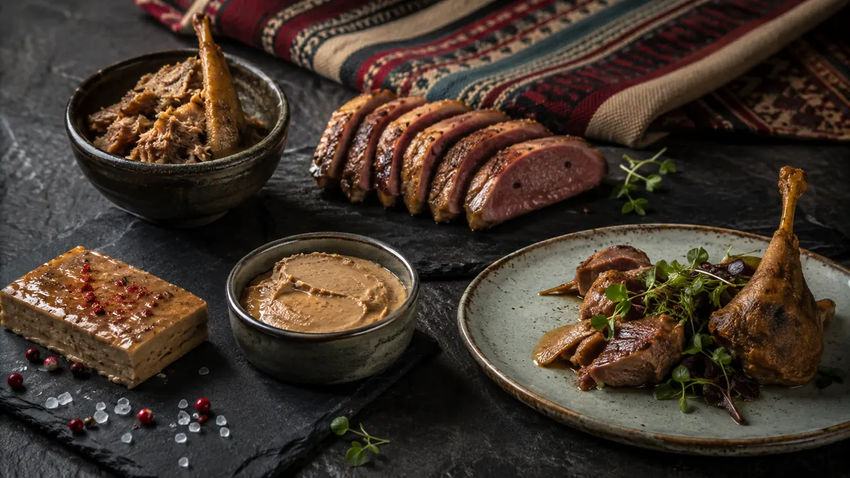 Presentación de magret, confit y foie gras de pato
