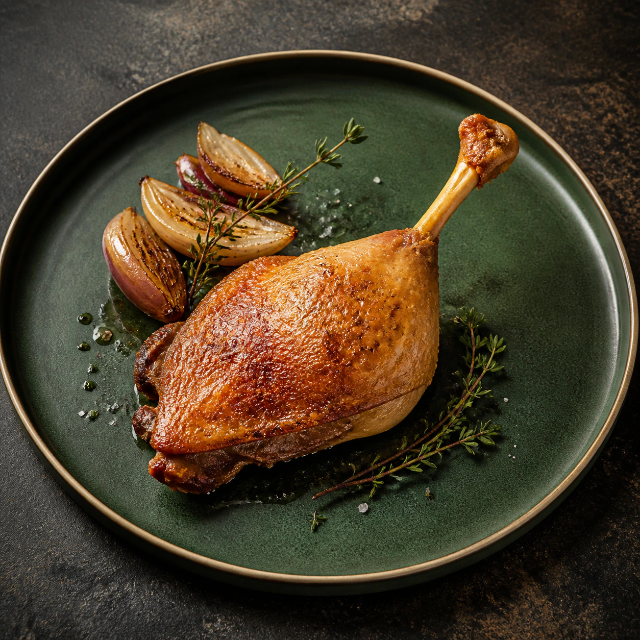 Confit de pato con piel crujiente servido con chalotas asadas