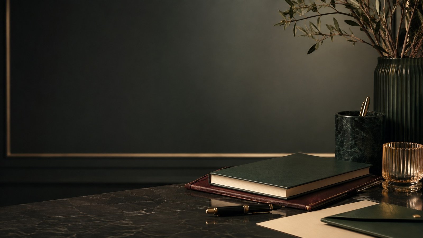 Escritorio corporativo verde y dorado preparado para una conversación profesional