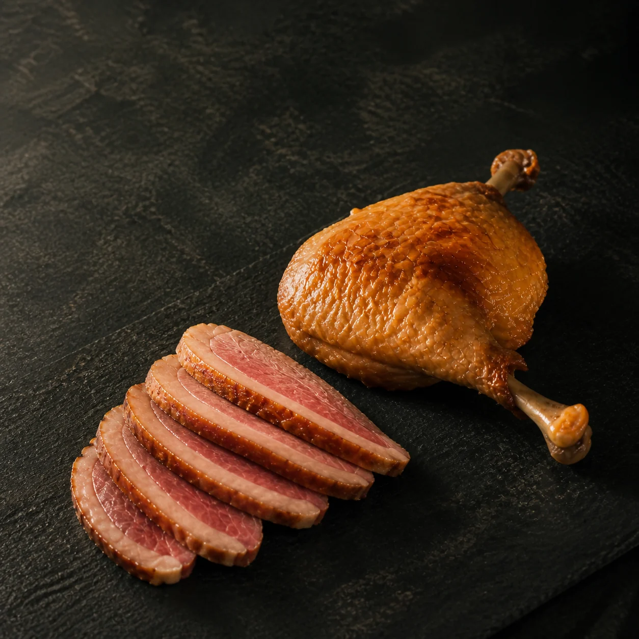 Confit y magret de pato sobre una superficie de piedra oscura