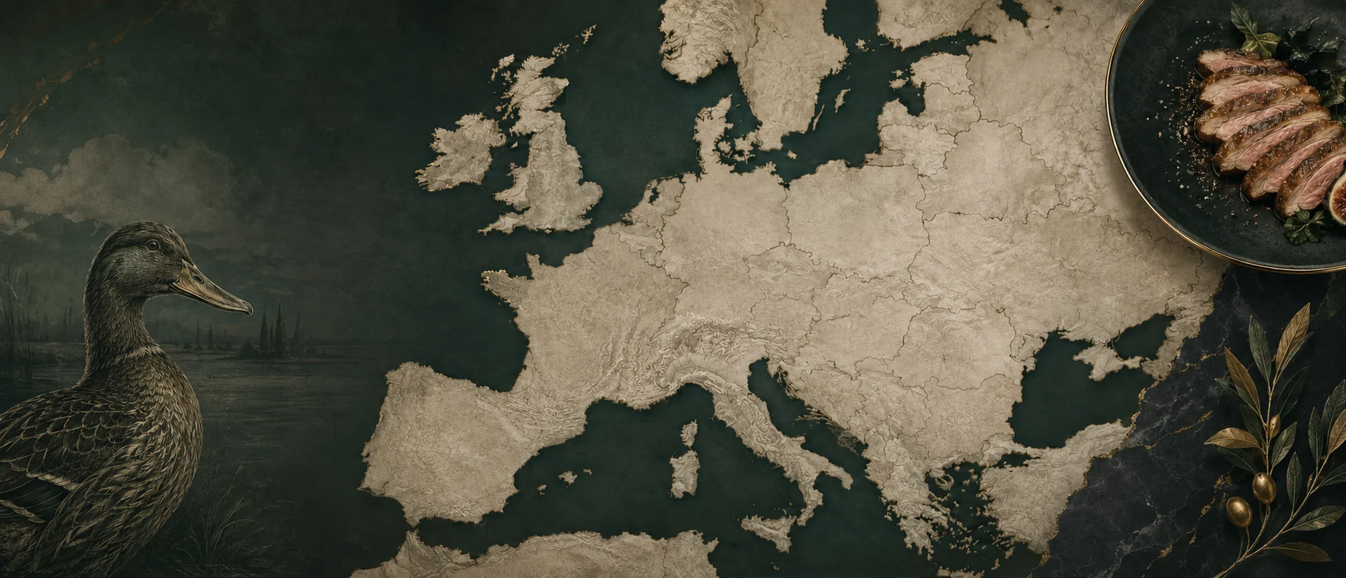 Composición editorial del mapa de Europa con pato y producto gastronómico