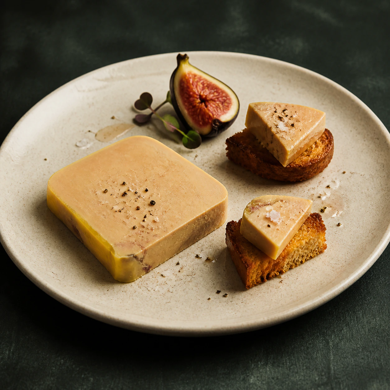 Foie gras de pato presentado con brioche e higo sobre cerámica clara