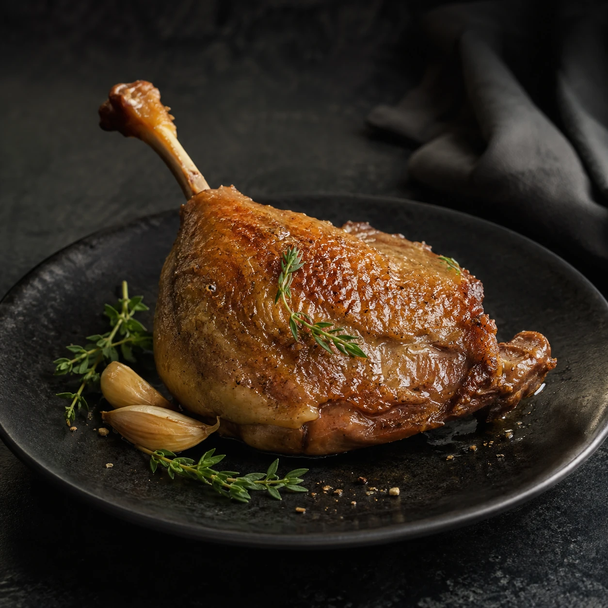 Confit de pato presentado sobre plato oscuro con romero