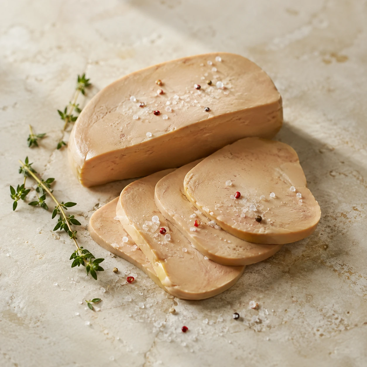 Foie gras de pato presentado con sal y tomillo fresco
